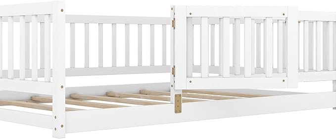 Full Size Floor Bed Frame with Door and Slats,Montessori Floor Bed with Safety Guardrails for Girls Boys,Solid Wood Kids Montessori Bed Full Size,White