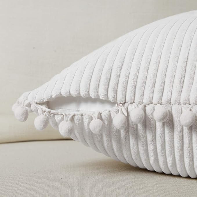 Fancy Homi Pack of 2 Boho Lumbar Decorative Throw Pillow Covers with Pom-poms, Soft Corduroy Solid Rectangle Cushion Cases Set for Couch Sofa Bedroom Car Living Room (12x20 Inch/30x50 cm, Pure White)