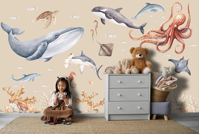Ocean Wall Stickers & Shark Decals – Fish Stickers and Ocean Wall Stickers for Nursery Baby Kids Bedroom Bathroom, Medium Set (36″ W × 36″ H) 50 Pcs
