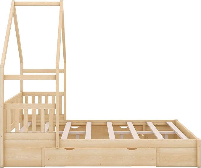Wood Queen Size House Platform Bed with Safety Fence, Montessori Platform Bed with House Shape Headboard and 2 Drawers for Kids Boys Girls, Sturdy Slats Support (Natural-Q)