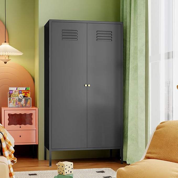 2 Door Metal Wardrobe,Storage Cabinet with Hanging Rod and 2 Freely Adjustable Shelves，Kids Tall Metal Armoire Closet for Kids Bedroom, Laundry Room,Home Bedroom(Steel Wardrobe, Black)