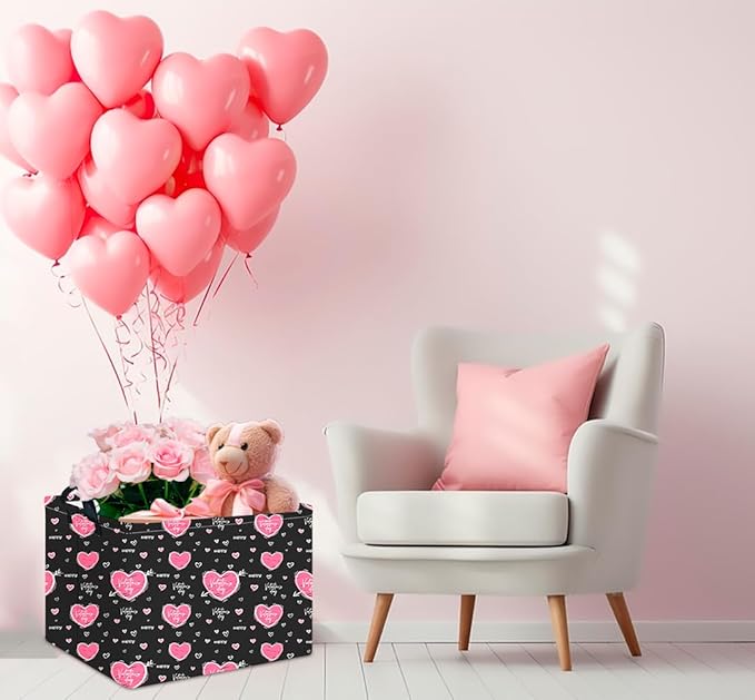 CLOCOR Rectangular Black Heart Gift Basket for Valentines' Day, Collapsible Cute Pattern Storage Bin,Waterproof Books Box with Handles,Gift Basket(Happy Valentine)