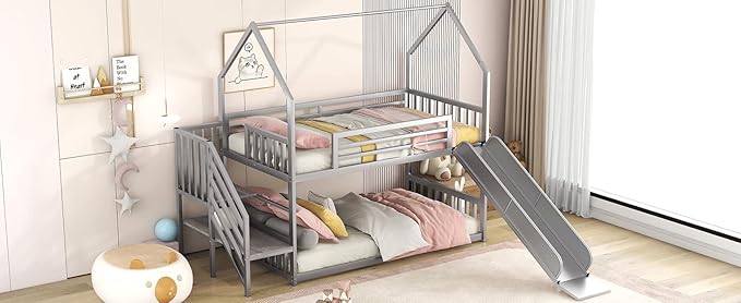 MERITLINE Metal Bunk Bed Twin Over Twin Bunk Bed Frame with Slide and Stairway,Twin Over House Bed with Guardrails