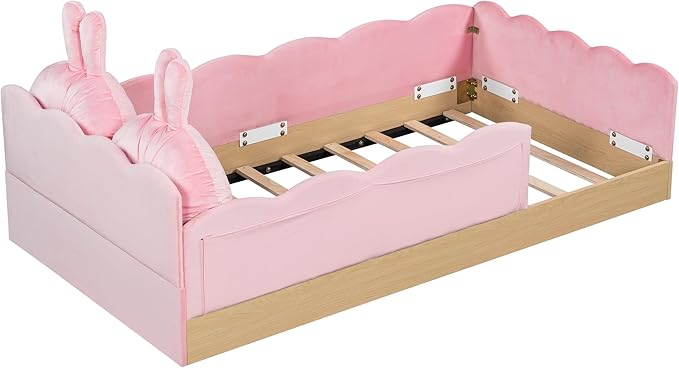 Lovely Twin Size Upholstered Platform Bed with 2 Soft Pillows and Storage Bags, Princess Bed Frame with Cute Rabbit Ear Shaped Headboard and Guardrails for Bedroom, No Box Spring Required (Pink-X52)