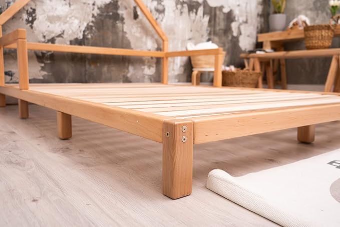 BUSY WOOD Montessori Bed for Toddlers - Twin Bed for Toddlers - Full Bed Floor - Bed with Rails - Montessori Bed - House Bed Frame - Montessori Full Size Bed Frame - Toddler Bed Queen (Model 3)