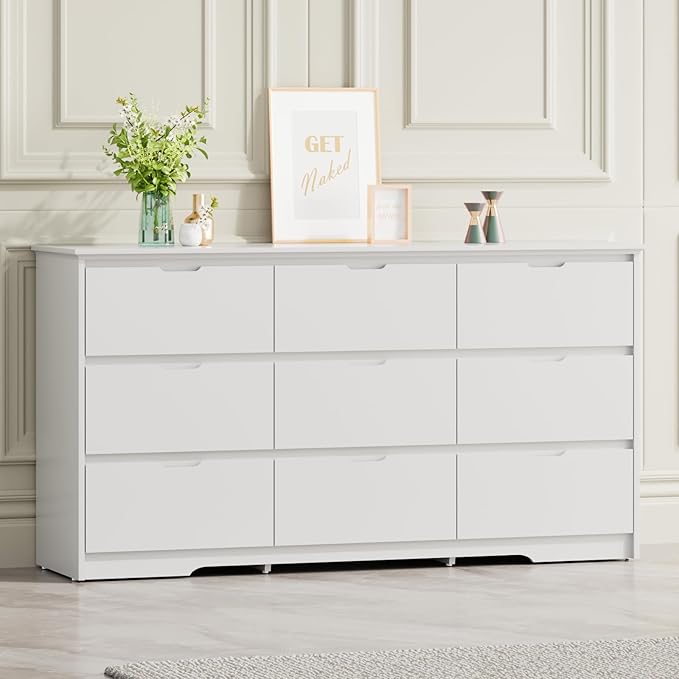 CARPETNAL 9 Drawer White Dresser for Bedroom with Deep Drawers, Large Dressers & Chest of Drawers Handle Free, Modern Long Dressers for Closet Bedroom, Living Room (59.25" W x 15.9" D x 31.9" H)