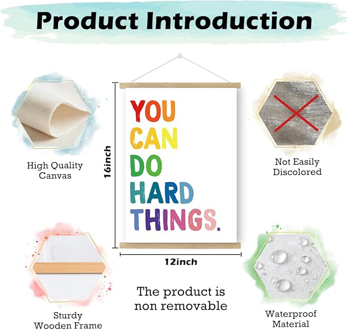 Qswo Positive Affirmations Wall Decor,You Can Do Hard Things Wall Art Poster Hanger Frame,Inspirational Hanging Canvas Wall Decor for Kids Room Nursery Classroom