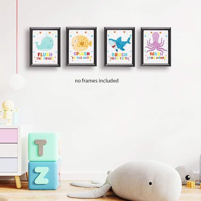 Funny Colorful Bathroom Ocean Life Quotes Art Print, Wash Splash Flush Brush Bathroom Canvas Wall Art Printing, Pufferfish Shark Whale Octopus For Kids Washroom Decor, Set of 4 8X10 inch, No Frame