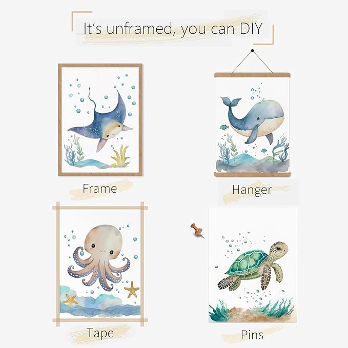 Wodkwq Nursery Wall Art Sea Animal Canvas Prints Baby Girl Boy Room Decor Watercolor Paintings Pictures Cute Ocean Theme Toddler Room Decoration Set of 6 for Kids Bedroom Bathroom 8x10in Unframed