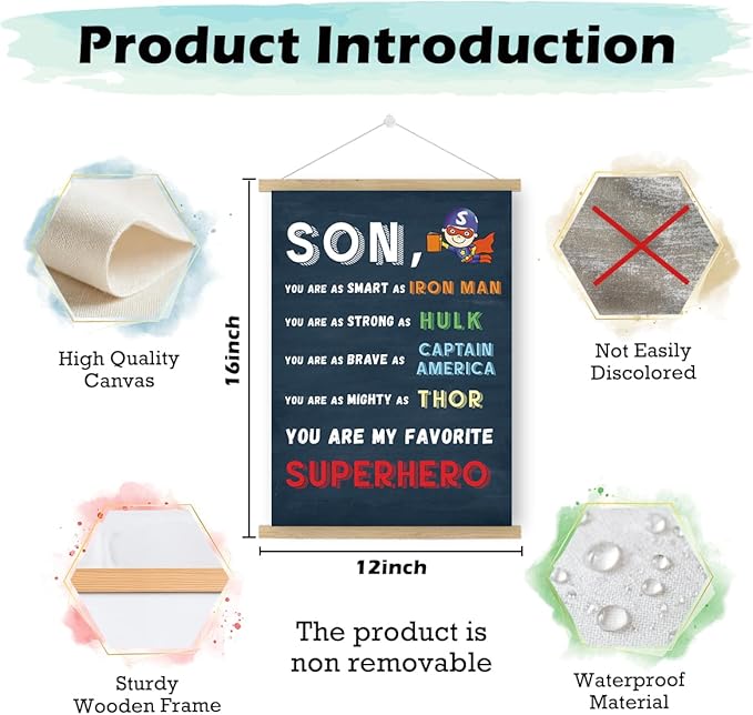 Qswo Son You Are My Favorite Superhero Wall Art Poster Hanger Frame,Inspirational Gifts for Son,Superhero Hanging Canvas Wall Decor for Boys Room Dorm Nursery