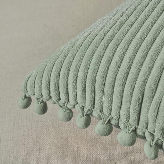 Fancy Homi Pack of 2 Sage Green Decorative Throw Pillow Covers with Pom-poms, Soft Corduroy Solid Square Cushion Cases Set for Couch Sofa Bedroom Car Living Room (18x18 Inch/45x45 cm, Sage Green)