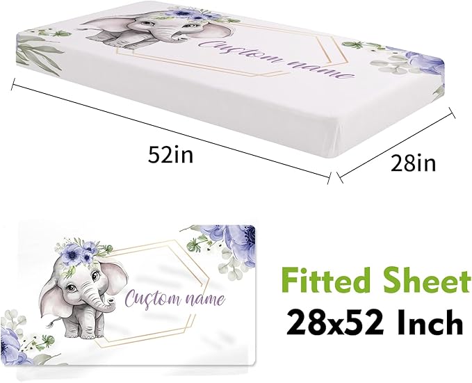 Personalized Crib Bedding Set for Boys Girls, Custom Baby Crib Sets with Name, Purple Flower Elephant Design Nursery Bedding 2 Piece - Soft Blanket with Double Layer Dotted Backing, Crib Fitted Sheet