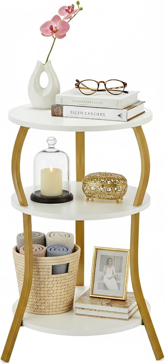 Vintage Small Round Side Table, 3-Tier Slim Waist Circular End Table with Storage Shelf, Compact Tea Sofa Table, Round Corner Coffee Table Nightstand for Living Room Bedroom Small Spaces,White+ Gold