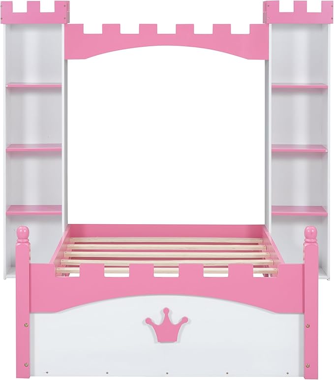 Castle-Shaped Wooden Platform Bed with Storage Shelf, Dreamy Twin Size Kids Platform Bed for Girls Boys Bedroom, Sturdy Slats Support (White+Pink Castle)
