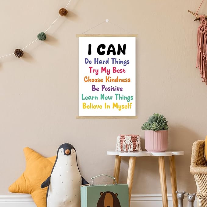 Qswo Positive Affirmations Wall Decor,I Can Do Hard Things Wall Art Poster Hanger Frame,Inspirational Hanging Canvas Wall Decor for Kids Room Nursery Classroom