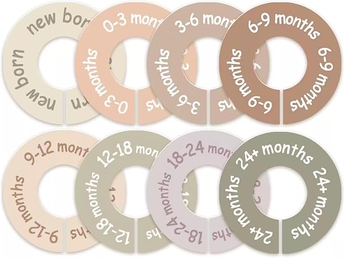 Baby Closet Dividers for Clothes-Baby Wardrobe Organizer,Earth Tone Round Baby Clothes Dividers for Closet Rod,Nursery Closet Organizer & Decor, Clear Labels for Easy Sorting, Fits Most Rods