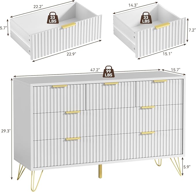 LYNSOM Fluted Dresser for Bedroom, White 7 Drawer Dresser with Gold Handles and Wide Drawers, Wood Chest of Drawers for Bedroom, Hallway