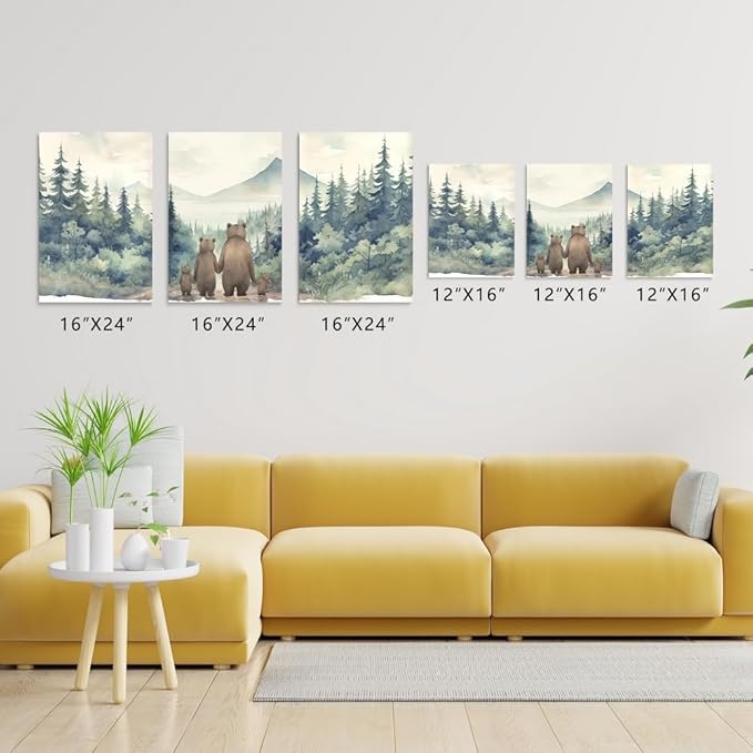 Rustic Bear Family Nursery Decor, Forest Animals Woodland Wall Decor, Love of A Family of Four, Set of 3 Canvas Prints, Landscape Bear Wall Art for Boy's Room Decor, Framed 16"x24"x3