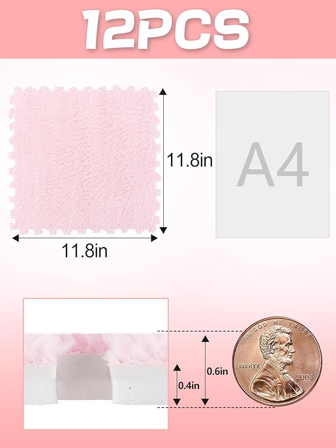 ANPHSIN 12 pcs Thickened Foam Interlocking Floor Mats, Fluffy Plush Mats for Baby with Edgings, Soft Anti-Slip Puzzle Area Rug Playmat, Square Tiles Room Flat (11.8 in, Pink)