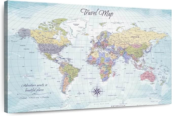 ElephantStock - Push Pin Travel Map World I Wall Art - Horizontal Canvas Wall Art - Living Room Wall Decor - Printmaking Map Canvas Art - Blue And Beige Decor - 51" x 34"