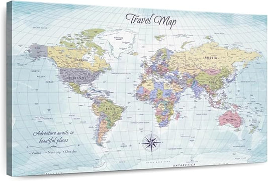 ElephantStock - Push Pin Travel Map World I Wall Art - Horizontal Canvas Wall Art - Living Room Wall Decor - Printmaking Map Canvas Art - Blue And Beige Decor - 12" x 8"
