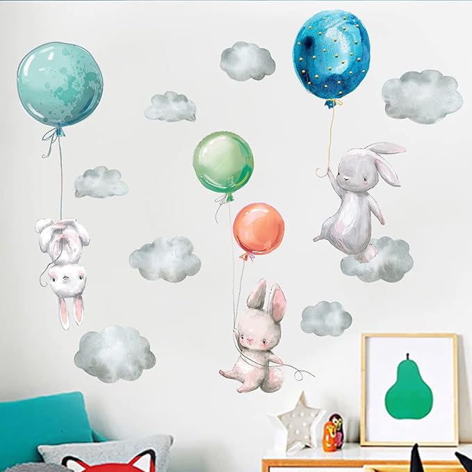 Maydahui Flying Bunny Wall Stickers Removable Peel and Stick Watercolor Cartoon Animal Wall Decal (36 x 28 Inch) Balloon Cloud Cute Rabbit Sticker Decor for Kids Bedroom Nursery Living Room Birthday