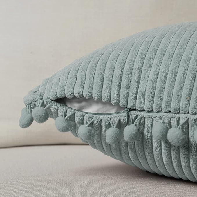 Fancy Homi Pack of 2 Farmhouse Boho Decorative Throw Pillow Covers with Pom-poms, Soft Corduroy Solid Square Cushion Cases Set for Couch Sofa Bedroom Car Living Room (20x20 Inch/50x50 cm, Grey Blue)