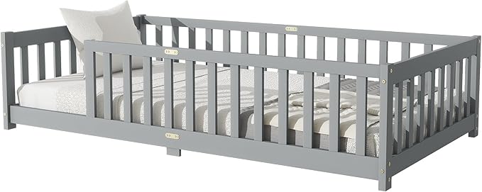 Twin Size Montessori Floor Bed for Kids,Twin Floor Bed Frame with Slats,Solid Wood Twin Bed Frame for Girls Boys,Grey