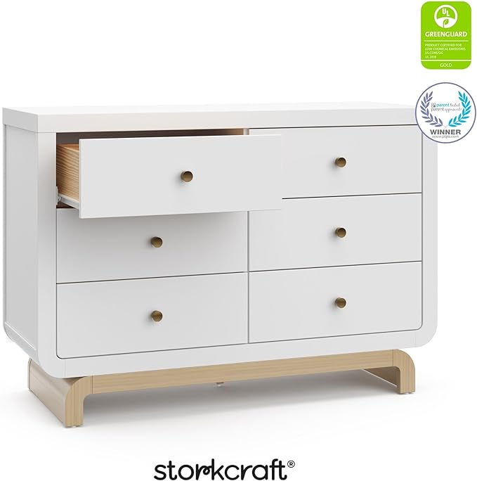 Storkcraft Santorini 6 Drawer Double Dresser (White with Driftwood) - GREENGUARD Gold Certified, Interlocking Drawer System, Dresser Drawer Organizer for Kids Bedroom