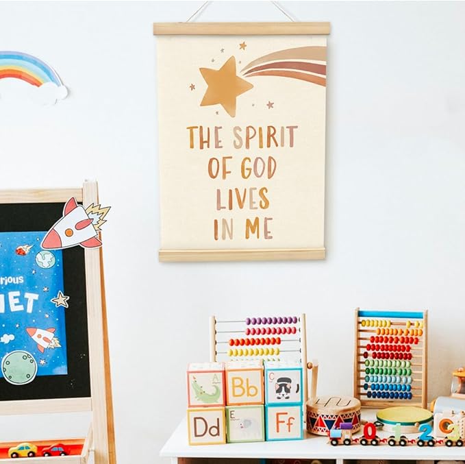 PLKMN Christian Nursery Wall Decor, the Spirit of God Lives in Me Wall Art with Wooden Poster Hanger, Boho Christian Wall Decor for Nursery Kids Room Sunday School Preschool Classroom, 12x16 Inch