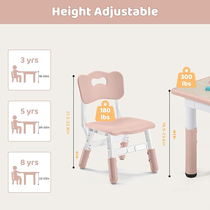 Kids Table & Chairs Set (2 Chairs) Height Adjustable for Ages 2-8 | Non-Slip Toddler Activity Table with Wipe-Clean Desktop, Montessori Learning & Art Drawing Tables for Home Preschool