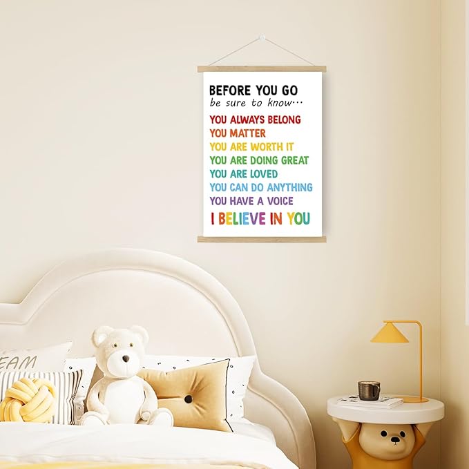 Qswo Positive Affirmations Wall Decor,Before You Go Wall Art Poster Hanger Frame,Inspirational Hanging Canvas Wall Decor for Kids Room Nursery Classroom