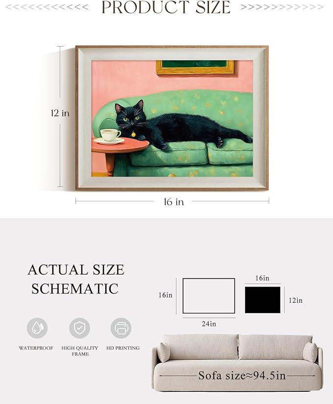 ARPEOTCY Framed Canvas Wall Art, 12x16 Inch Black Cat on Green Sofa Vintage Print, Whimsical Animal Art for Living Room, Bedroom, or Bathroom Wall Decor