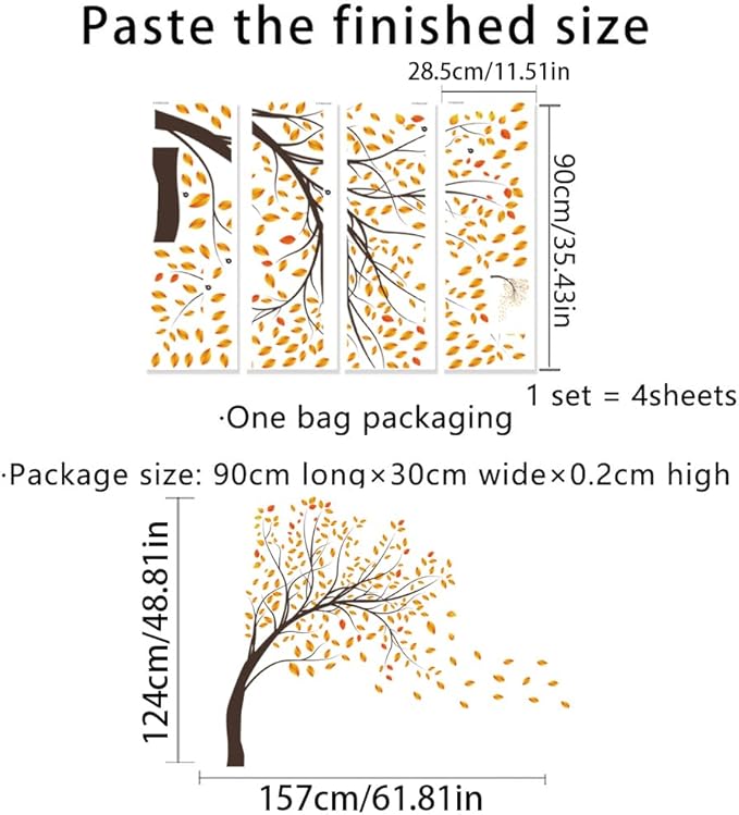 Autumn Tree Wall Decals Large Tree Wall Stickers DIY Peel and Stick Fall Yellow Leaves Wall Decor for Kids Girls Boy Bedroom Living Room Nursery Classroom Offices TV Sofa Background Decoration