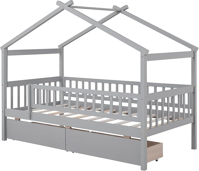 Twin House Bed with 2 Storage Drawers, Kids Twin Bed Frame with Rails and Roof, Tent Bed, Wooden Twin Daybed, Twin Montessori Bed for Kids Teens Girls & Boys, No Box Spring Needed (Gray)