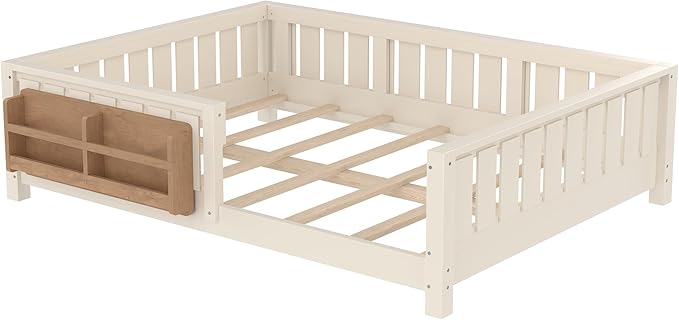 Bellemave Full Size Floor Bed with Slats and Safety Guardrail, Full Size Montessori Floor Bed with Fence and Built-in Bookshelf, Easy Assemble Montessori Beds for Kids, Girls, Boys, Beige