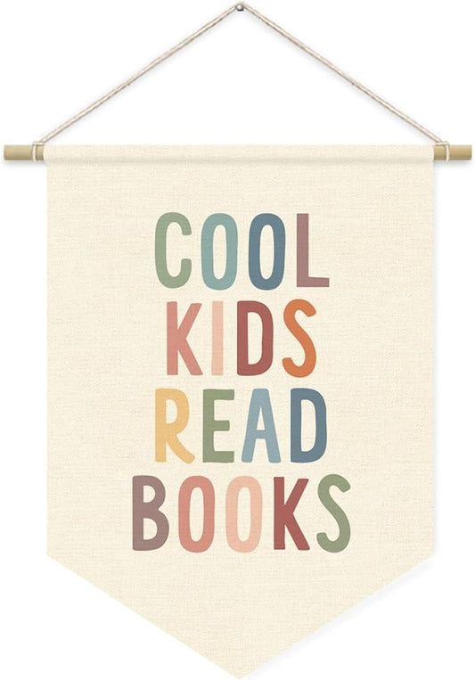 Cool Kids Read Books Reading Room Decor - Boho Rainbow Canvas Banner Flag Decor for Kids Nursery Toddler Reading Corner Nook Classroom Library, Wall Hanging Pennant Flag Banner 15x11in