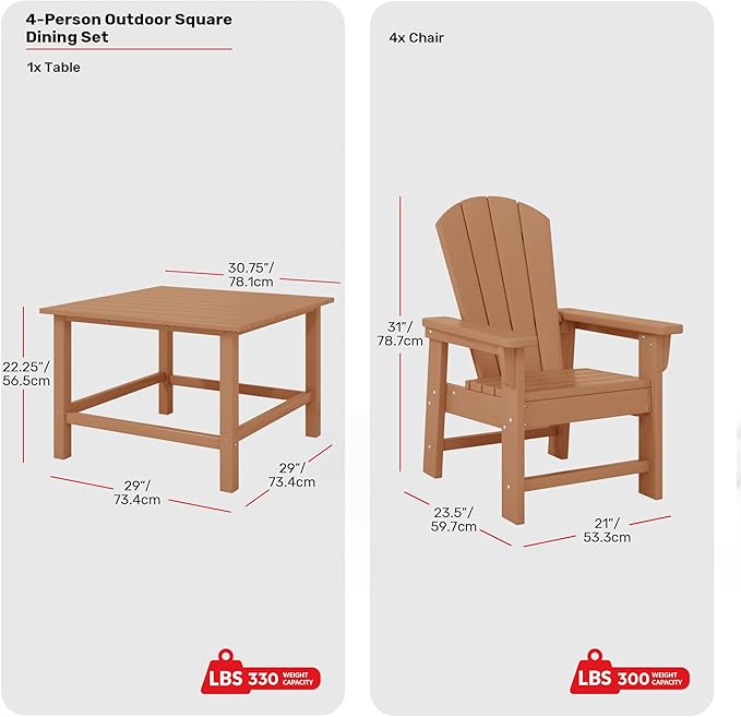 Costaelm Paradise Kids 5-Piece HDPE Outdoor Square Patio Dining Table and Chairs Set, Teak