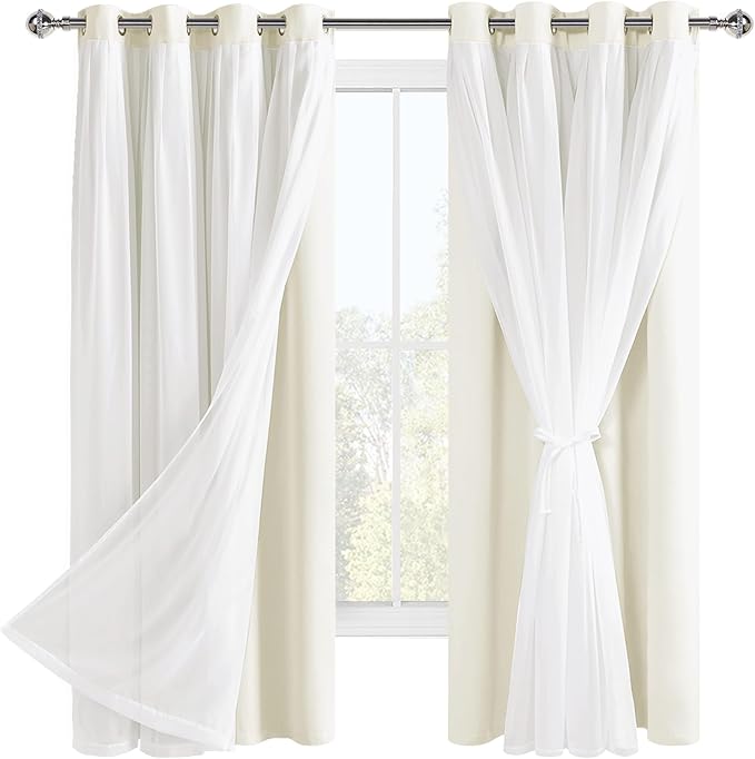 Hiasan Ivory Blackout Curtains with Sheer Overlay, Grommet Thermal Insulated Mix & Match Double Layer Window Curtains for Girls Bedroom, Living Room, 2 Panels Sewn with Tiebacks, 52W X 63L