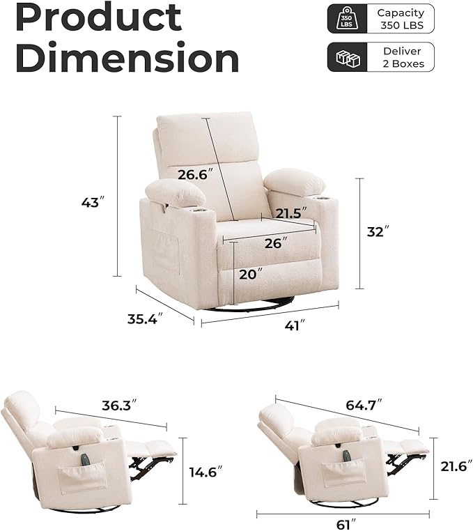 Rocking Chair Nursery with Adjustable Armrests, Electric Glider Recliner Nursing Chair for Breastfeeding, Power Swivel Recliner Chairs with Massage and Heat, Adjustable Headrest , FSC Certified, White