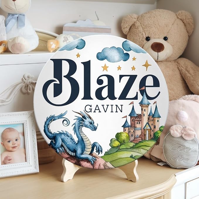 Personalized Wooden Name Signs for Nursery, Blue Dragon Sign for Baby Door Decor, Newborn Gifts for Boy, Boys Nursery Wall Bedroom Decorations, Mother's Day Gifts for New Mom Dad Gift