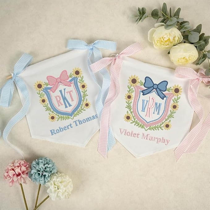 Embroidered Baby Name Sign with Bows Personalized Baby Announcement Sign Newborn Baby Banner Baby Hospital Name Sign Canvas Hanging Pennant Flag Custom Infant Baby Name Baby Shower Banner (14)