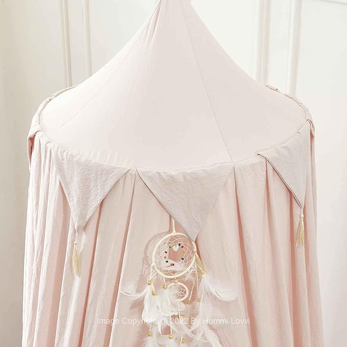 Princess Bed Canopy for Girls, Dreamy Tassels Ceiling Canopy Net Kids Room Decor Soft Nursery Crib Canopy Reading Nook, Large Children Canopies Full Queen Size with Lights - Light Pink