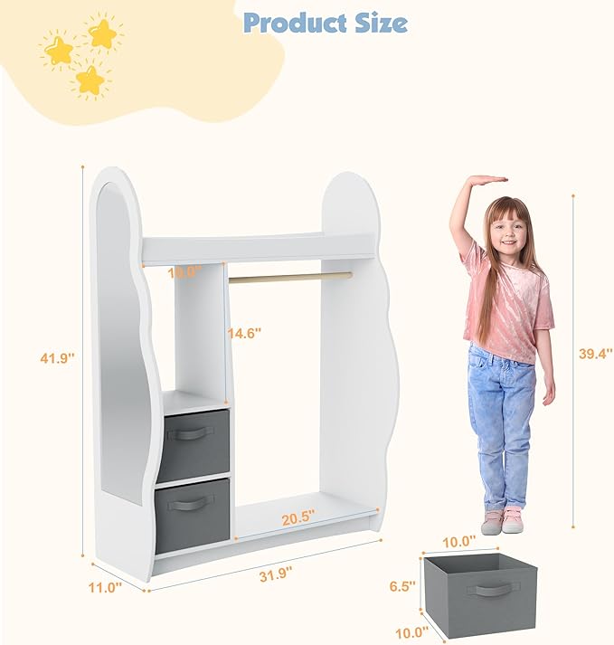 Kids Dress Up Storage Rack Mirror Wood Child Wardrobe 2 Hooks 2 Fabric Bins Toddler Closet Girls Boys Open Hanging Armoire Storage Shelf Coat Costume Hat Shoe (Cloud+White+Two Drawers)