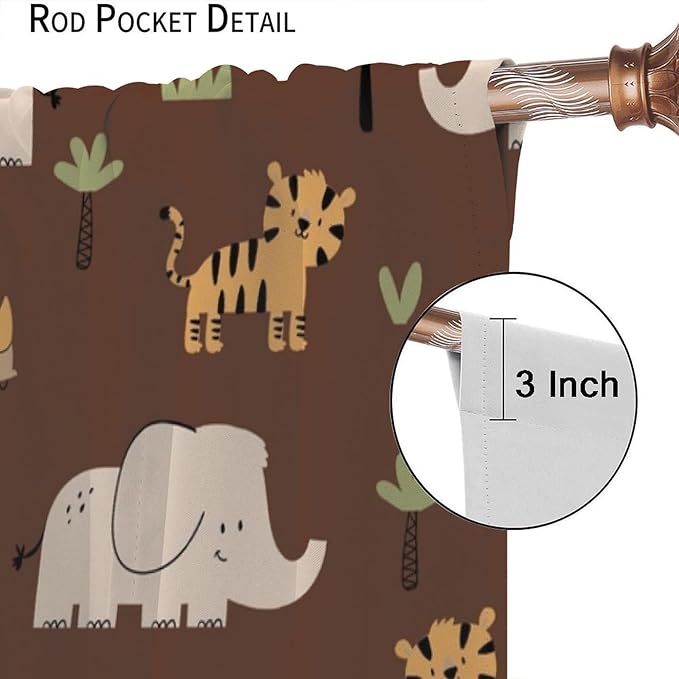 Jungle Safari Animals Blackout Curtains Cartoon Tropical Forest Animals Elephant Tiger Brown Art Print for Kids Boys Bedroom Nursery Rod Pocket Decoration Window Drapes 2 Panels W36xL63in