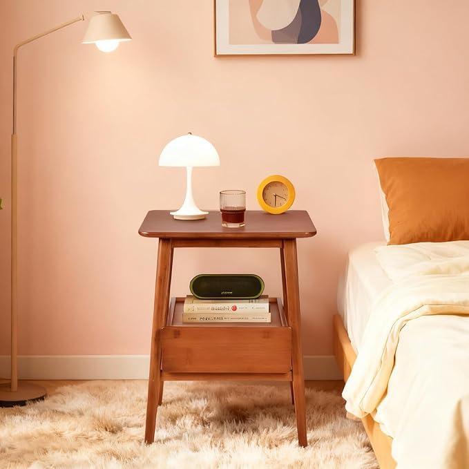 Fluted Nightstand with Drawer – Tall Solid Bamboo Bedside Table with Open Shelf, Modern End Table with Storage for Bedroom, Living Room, Office (Natural Wood)