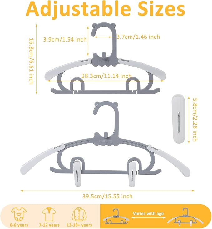 50 Pack Baby Clothes Hanger with 16 Clips, 11-15 inch Adjustable Kid Hangers, Multifunctional Children Hanger for Girl Boy Toddler Kids Child(Grey)