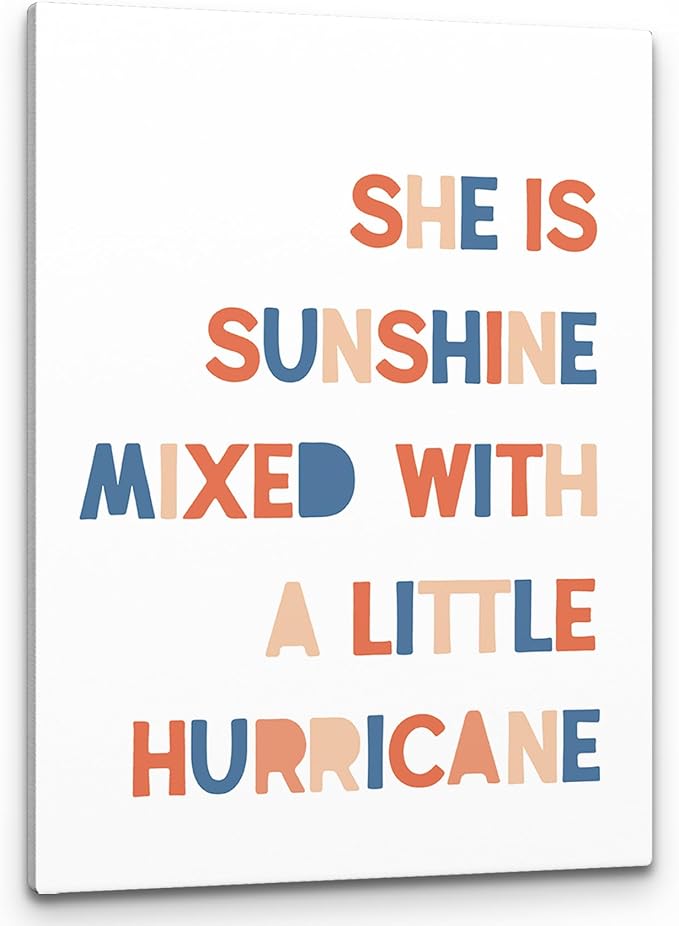 PHAMTE Girls Bedroom Wall Decor,She Is Sunshine Mixed With a Little Hurricane Girls Room Wall Art,Sunshine Print Framed Canvas Painting Artwork Girl Room Bedroom Home Nursery(11x14 Inch)（White-3）