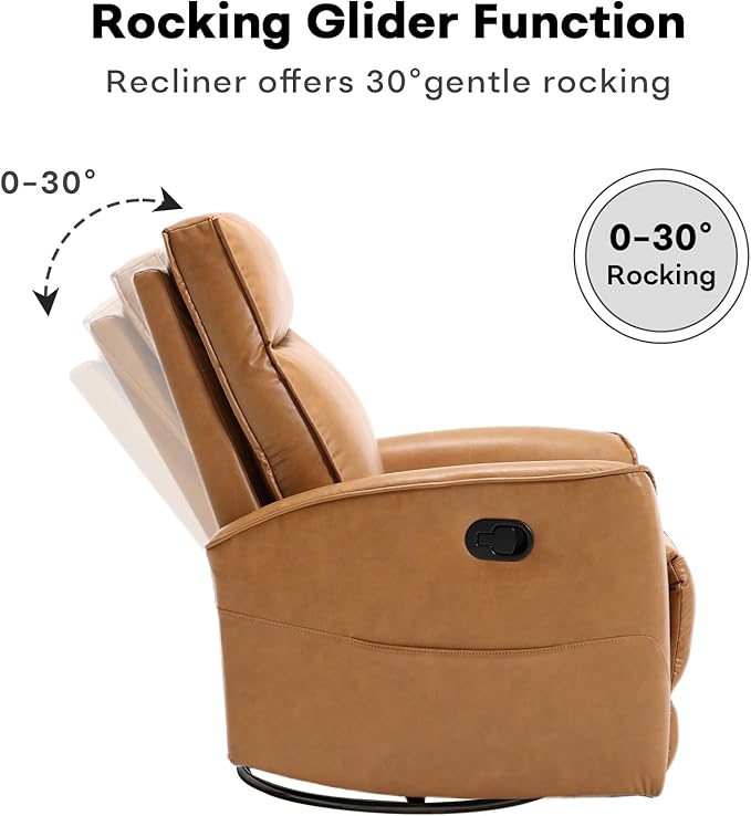 Swivel Rocker Recliner Chair, Manual Faux Leather Glider Rocking Recliners for Adults, 360° Swivel Nursery Reclining Sofa with Storage Pocket