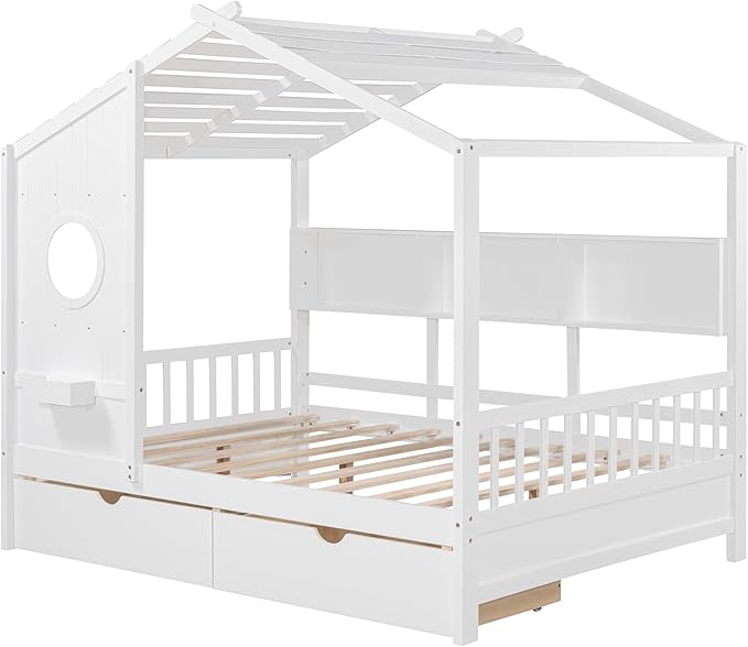Harper & Bright Designs Kids Full Size House Bed with Storage Drawers & Shelf, Wood Full Size Platform Bed Frame with Roof, House Bed Twin Size for Boys, Girls, White
